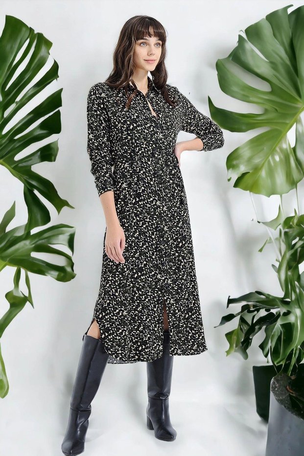 Women's Khaki Leopard Print Slit Long Sleeve Classic Collar Maxi Length, Long Comfortable and Casual Dress