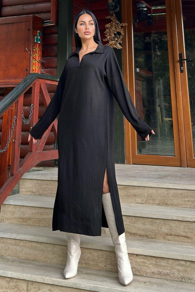 Black Polo Neck, Long Sleeve, Slit, Loose, Acrylic Knitted Long Dress