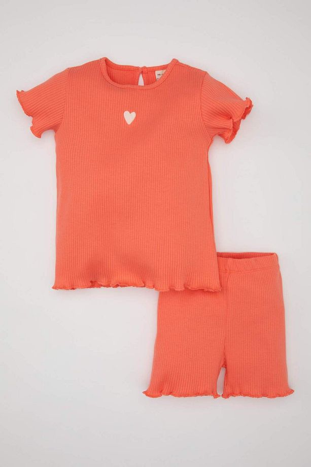 Kız Bebek 2li Takım Fitilli Kaşkorse Bisiklet Yaka Kısa Kollu Tişört Şort C0021A524SM - 1