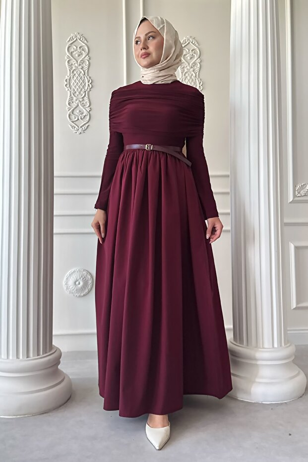 Drapeli Sandy Cotton Bordo Elbise - 6