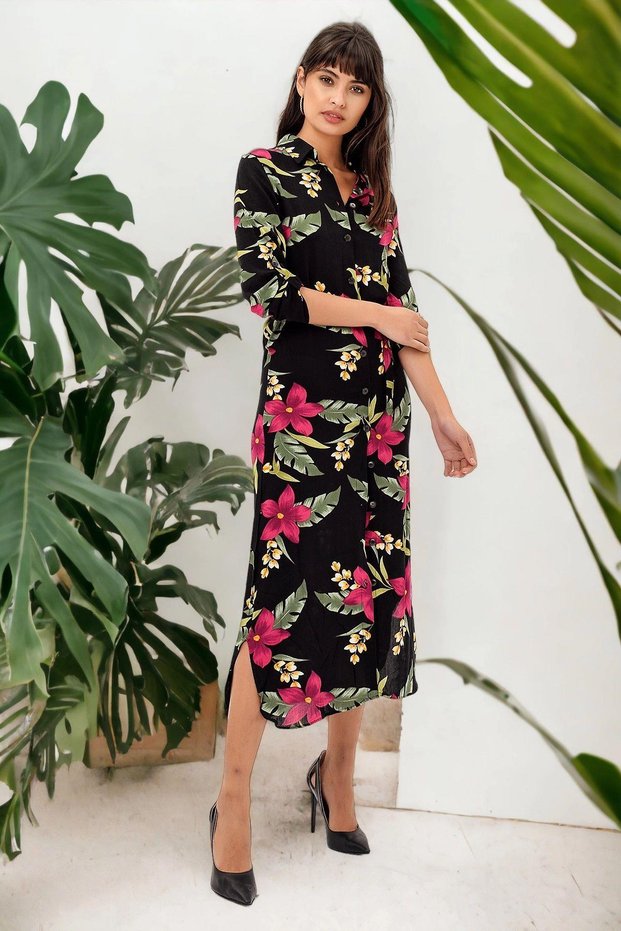 Women's Black Classic Collar Long Sleeve Floral Print Side Slit Maxi Length Long Comfortable and Casual Dress