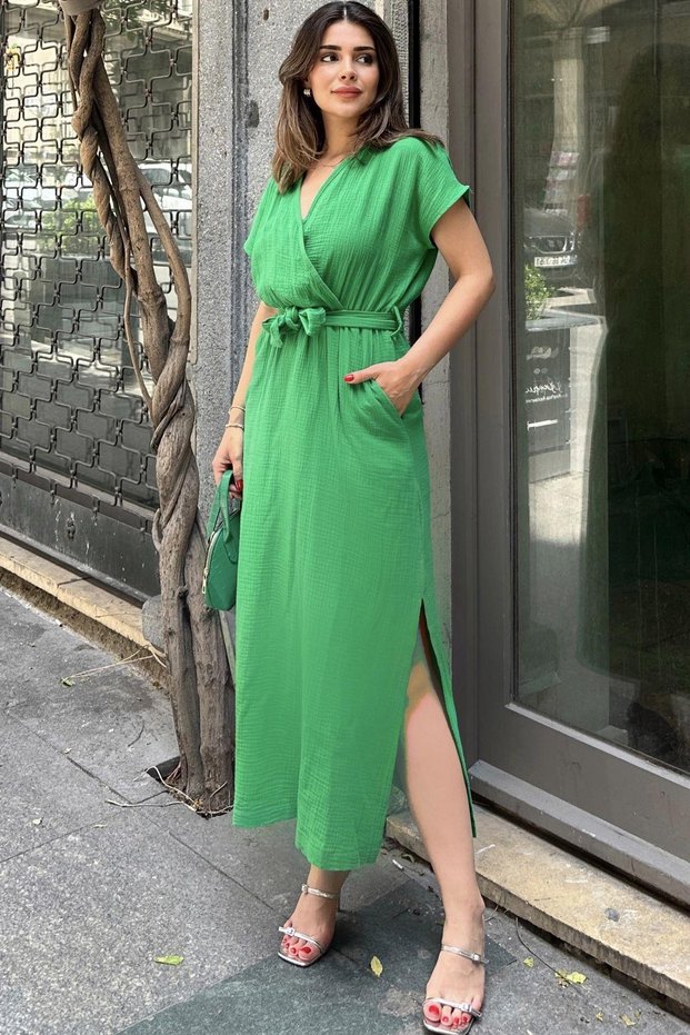 Green Double Breasted Collar, Slit, Belted Waist, Sweatproof, Cotton, Imported Muslin Fabric, Long Dress