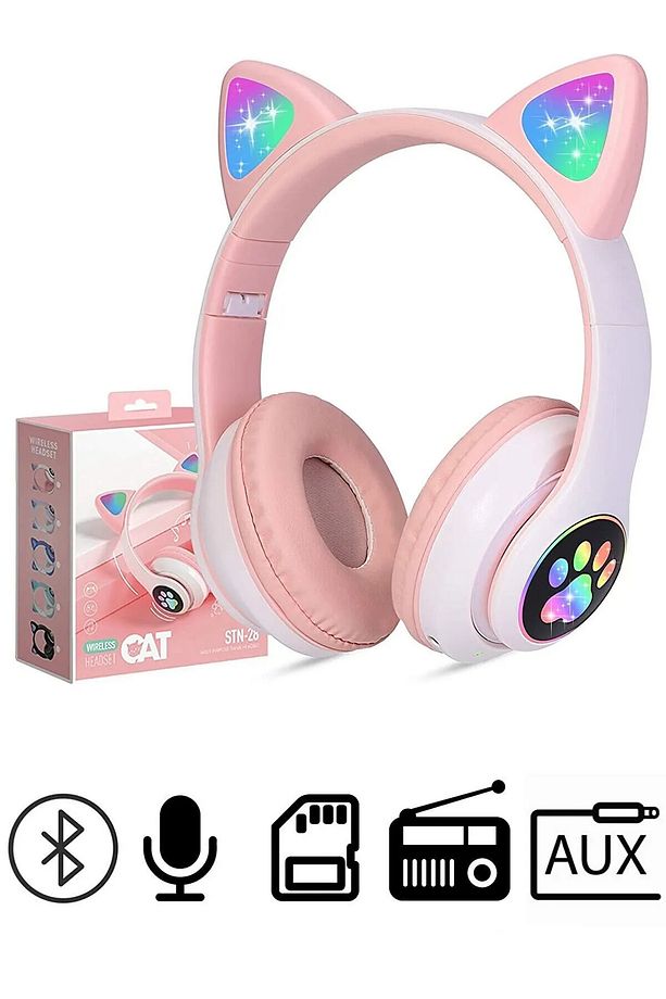 Pembe Stn28 Renk Kablosuz Bluetooth 5.0 Led Işıklı Kedili Şık Kulaklık Hediye Fm - 1
