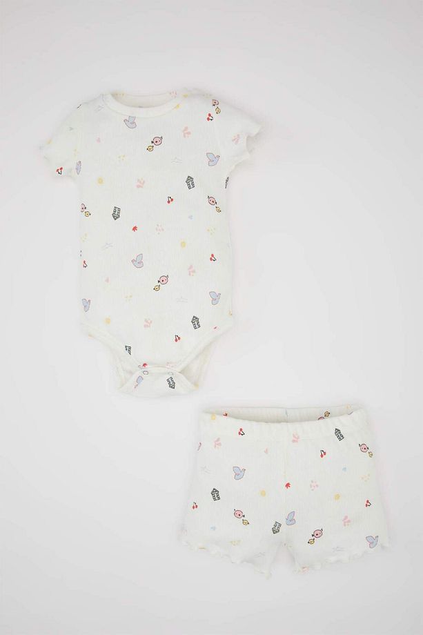 Kız Bebek 2li Takım Desenli Fitilli Kaşkorse Kısa Kollu Çıtçıtlı Body Şort C2550A524SM - 1