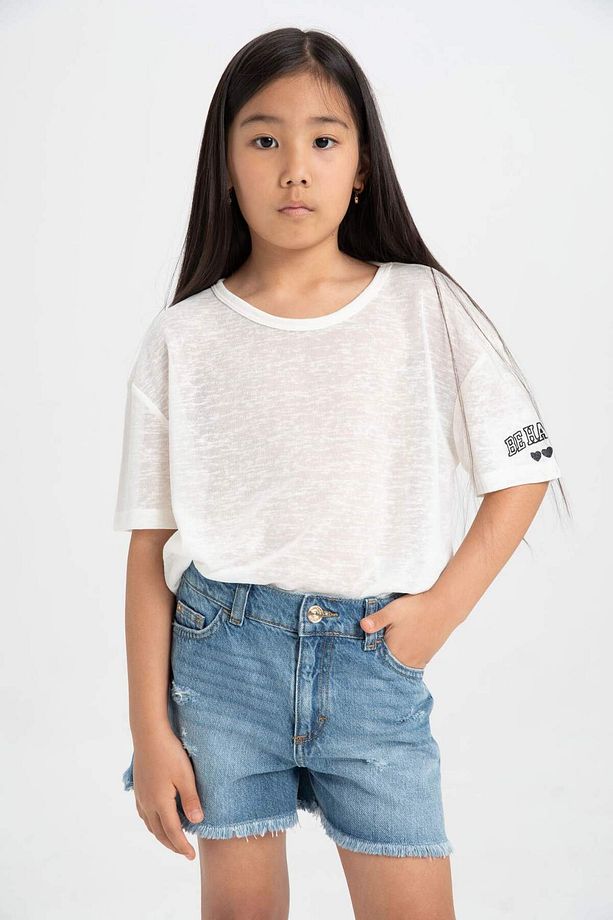 Kız Çocuk Oversize Geniş Kalıp Bisiklet Yaka Baskılı Kısa Kollu Tişört C4606A824SM - 5