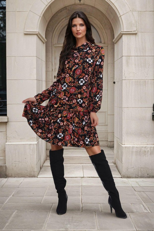 Black Yellow, Floral Print, Stand Collar, Long Sleeve Dress