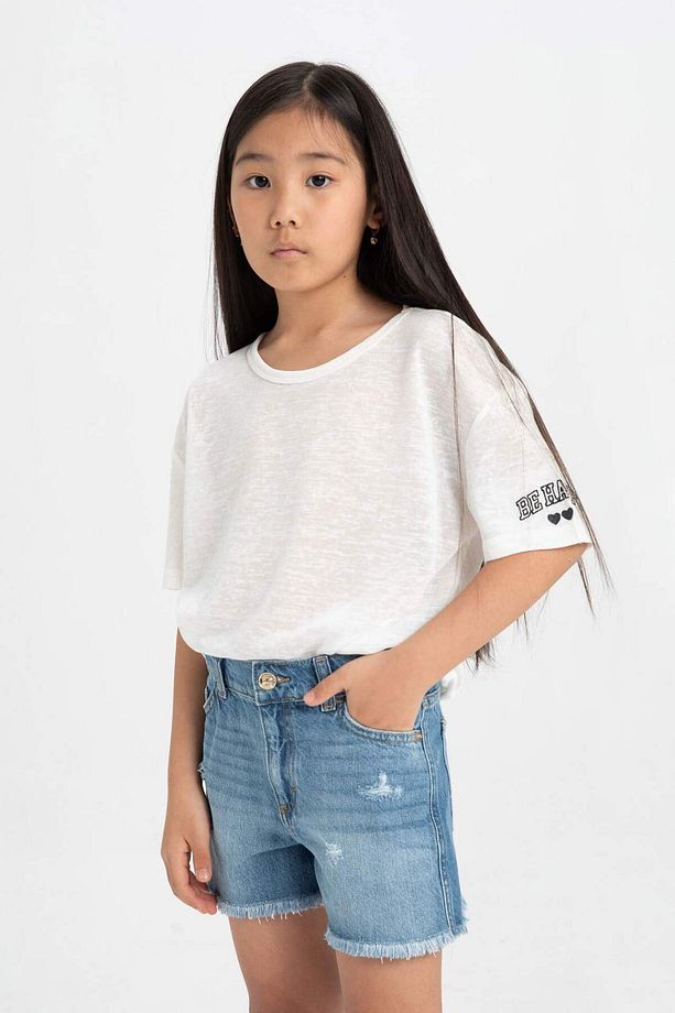Kız Çocuk Oversize Geniş Kalıp Bisiklet Yaka Baskılı Kısa Kollu Tişört C4606A824SM - 4