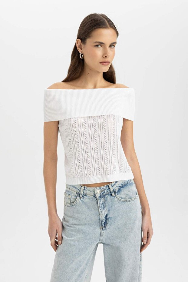 Fitted Açık Omuz Basic Düz Triko Bluz D0604AX24SM - 4