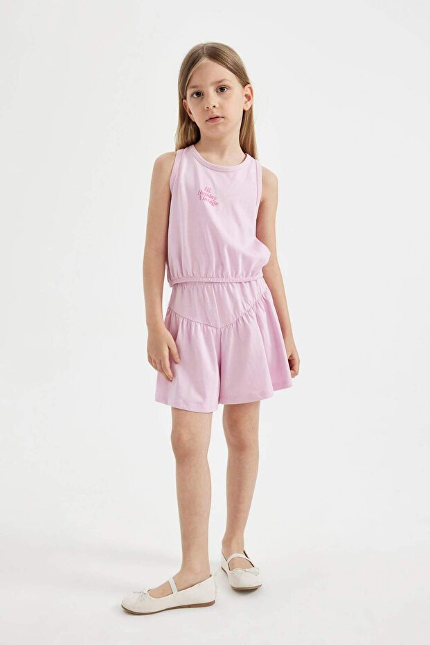 Kız Çocuk 2'li Takım Bisiklet Yaka Baskılı Atlet Şort C5368A824SM - 1