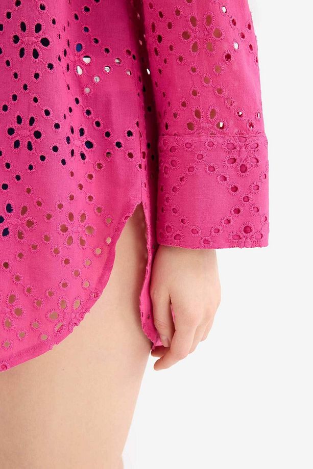 Fall in Love Pamuklu Delik İşlemeli Pembe Plaj Gömleği C0506AX24SM - 6