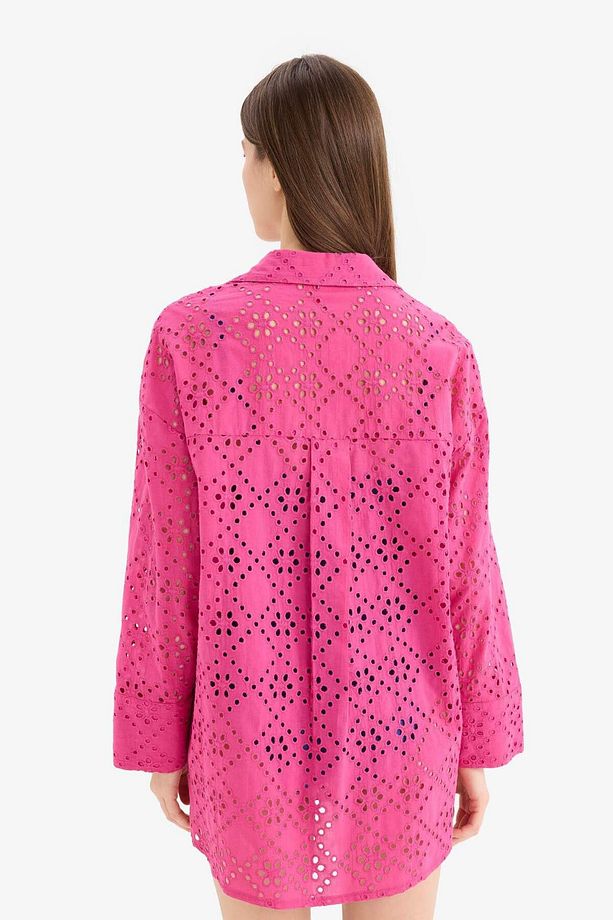 Fall in Love Pamuklu Delik İşlemeli Pembe Plaj Gömleği C0506AX24SM - 7