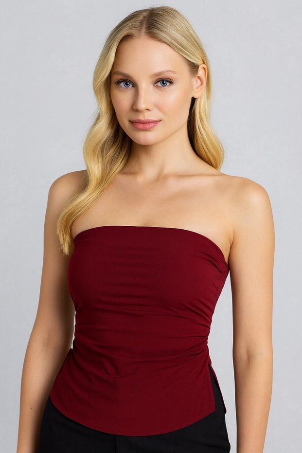 Lupinn Fashion Women's Strapless Gathered Strapless Blouse – Burgundy and Black Color Options