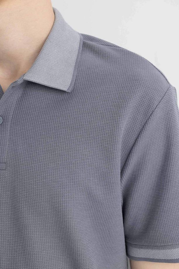 New Regular Fit Polo Yaka Waffle Kısa Kollu Basic Düz Tişört B4508AX24SP - 5