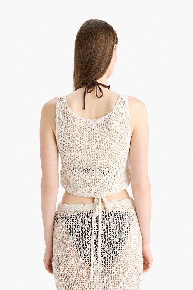 Regular Fit Triko Ajurlu Kolsuz Plaj Üstü-Fall in Love B6887AX24SM - 6