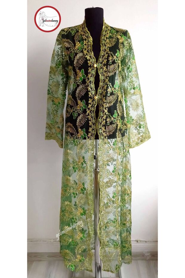 Yeşil Tel Kırma Pullu Nedime Kaftanı Bindallı - 1