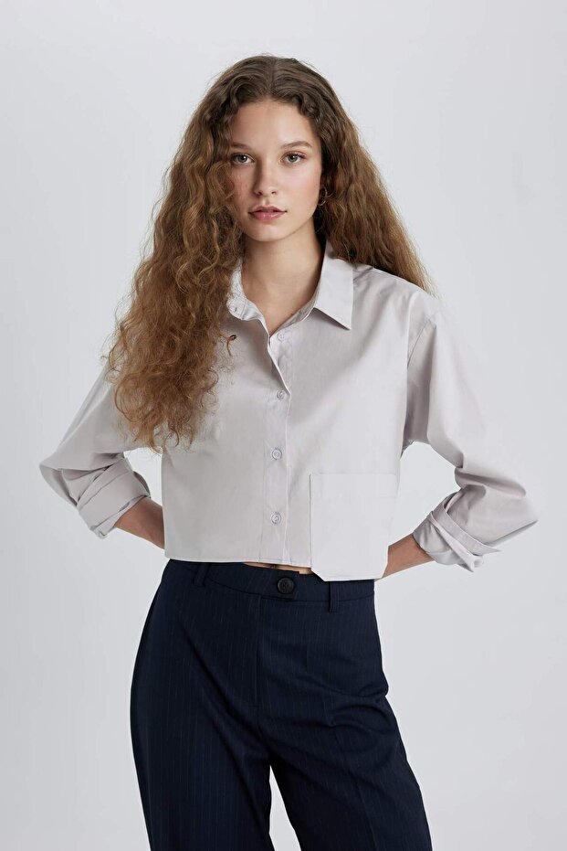 Oversize Geniş Kalıp Crop Poplin Uzun Kollu Gömlek C5026AX24SP - 3