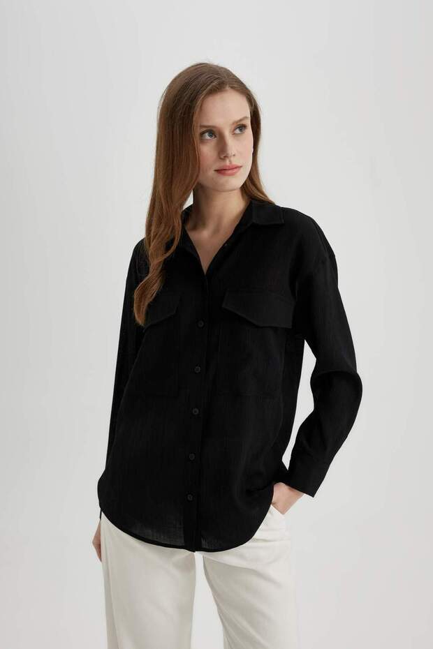 Oversize Geniş Kalıp Cep Detaylı Krinkıl Kumaş Uzun Kollu Gömlek C3165AX24SP - 4