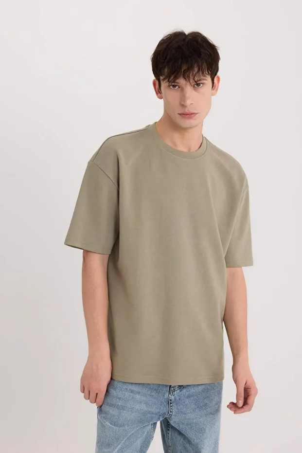 Oversize Geniş Kalıp Bisiklet Yaka Kısa Kollu Basic Düz Ağır Kumaş Tişört X3926AZ24SP - 4