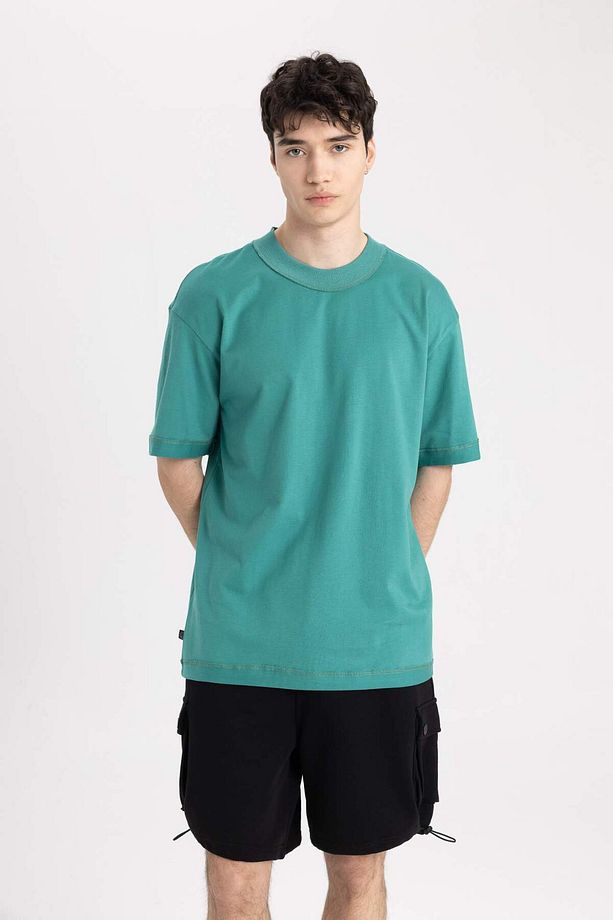 Boxy Fit Bisiklet Yaka Basic Düz Kısa Kollu Tişört C2562AX24SM - 1