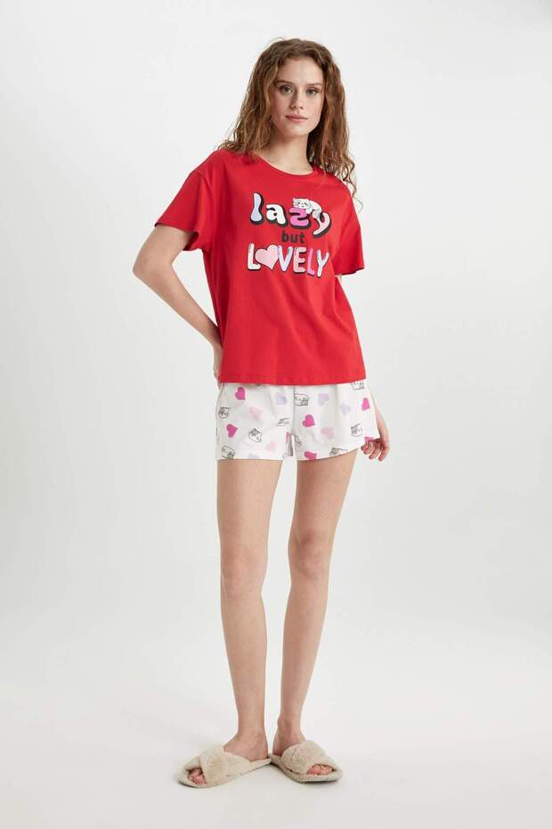 Pijama Takımı Regular Fit Baskılı Kısa Kollu Üst Şort -Fall in Love C0770AX24SM - 2