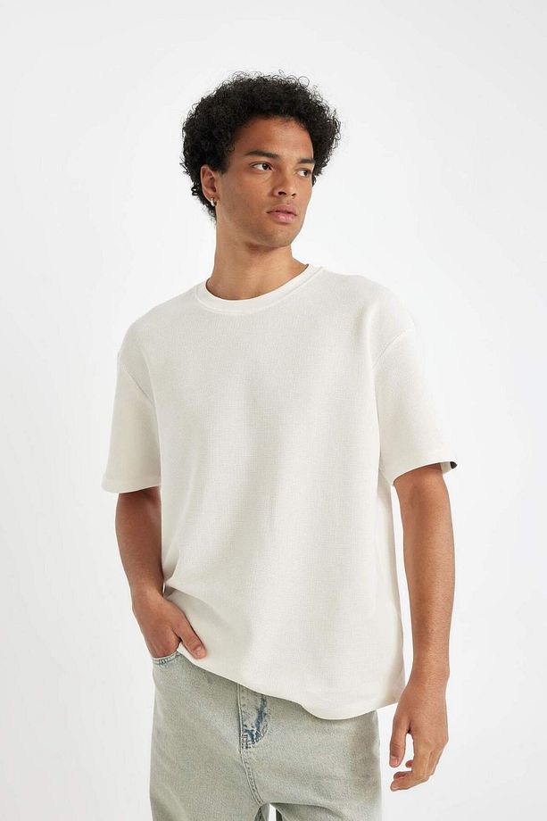 Boxy Fit Bisiklet Yaka Kısa Kollu Basic Düz Waffle Tişört B4443AX24SP - 5