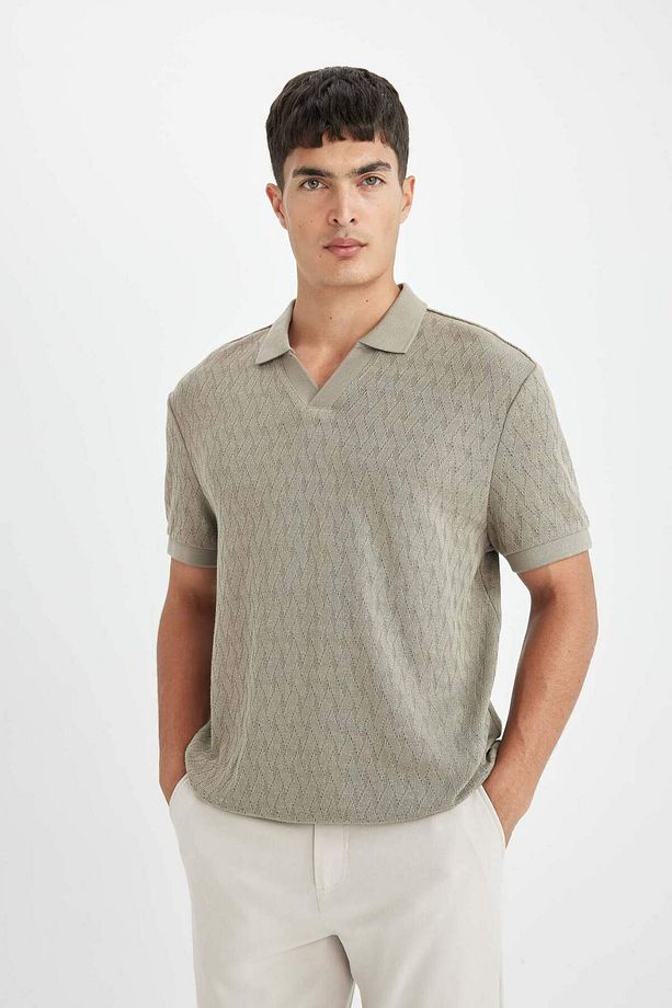 Regular Fit Polo Yaka Kısa Kollu Örgü Görünümlü Tişört B6536AX24SP - 1