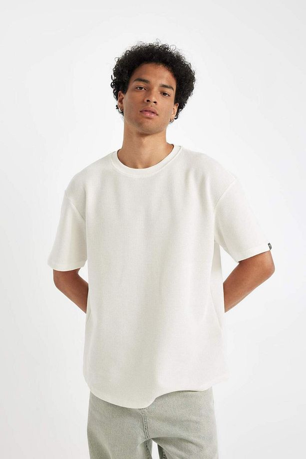 Boxy Fit Bisiklet Yaka Kısa Kollu Basic Düz Waffle Tişört B4443AX24SP - 7