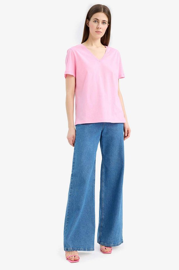 %100 Pamuk Regular Fit V Yaka Basic Düz Kısa Kollu Tişört W9578AZ24SM - 2