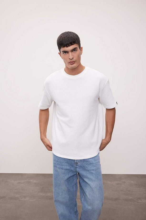 Boxy Fit Bisiklet Yaka Kısa Kollu Basic Düz Waffle Tişört B4443AX24SP - 3
