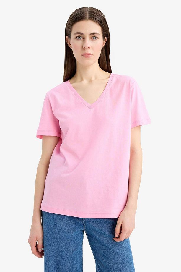 %100 Pamuk Regular Fit V Yaka Basic Düz Kısa Kollu Tişört W9578AZ24SM - 5