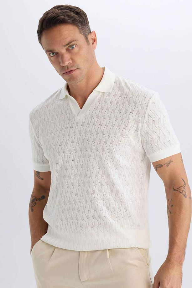 Regular Fit Polo Yaka Kısa Kollu Örgü Görünümlü Tişört B6536AX24SP - 1