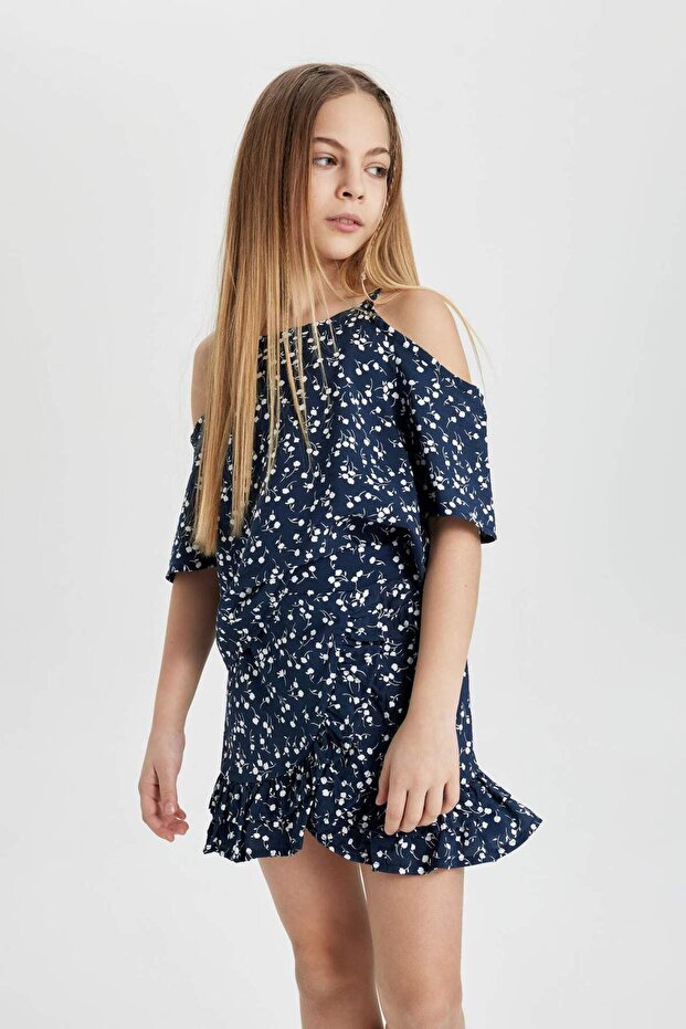 Kız Çocuk 2li Takım Çiçekli Kısa Kollu Bluz Üst Beli Lastikli Etek alt C3812A824SP - 6