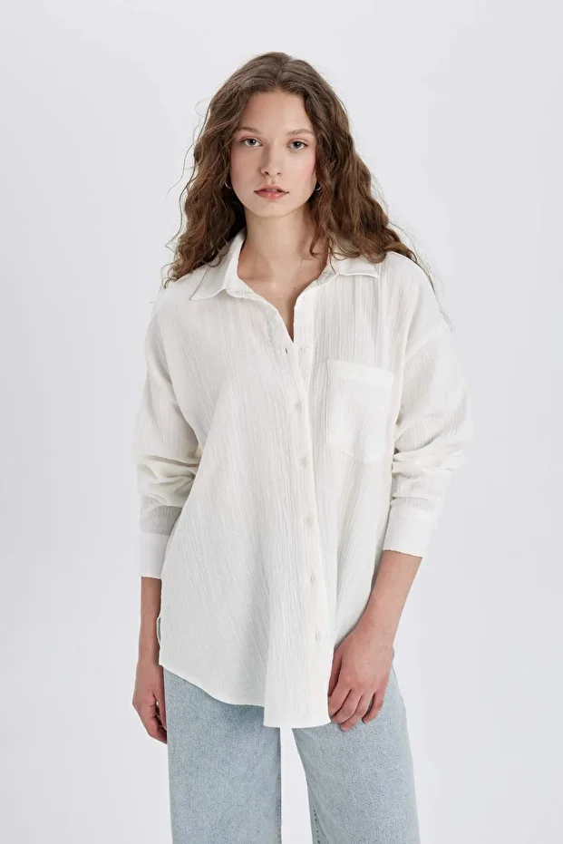 Oversize Fit Müslin Uzun Kollu Gömlek C3824AX24SP - 3