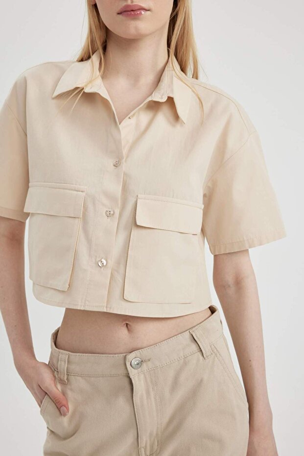 Coool Oversize Geniş Kalıp Poplin Kısa Kollu Crop Gömlek C0739AX24SP - 3