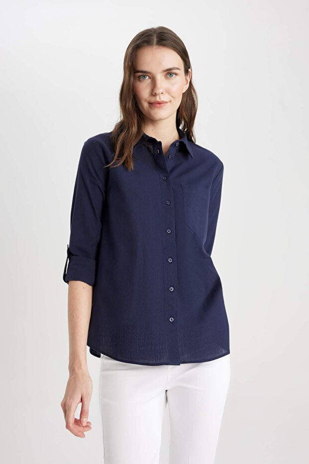 Regular Fit Basic Düz Cepli Uzun Kollu Gömlek W7734AZ24SM - 3