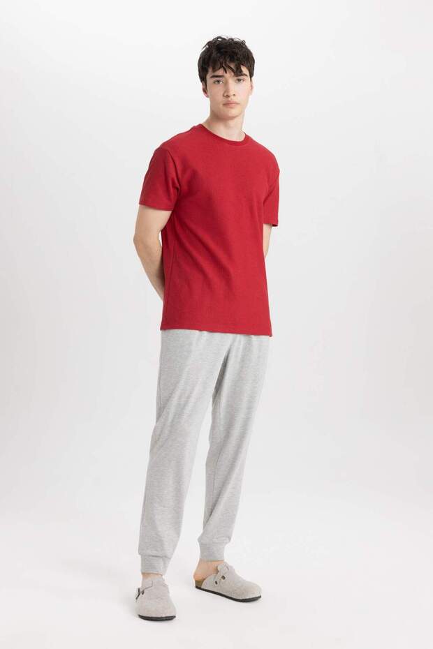 Regular Fit Pijama Takımı Basic Düz Kısa Kollu Üst Beli Lastikli Uzun Alt B7277AX24SP - 2