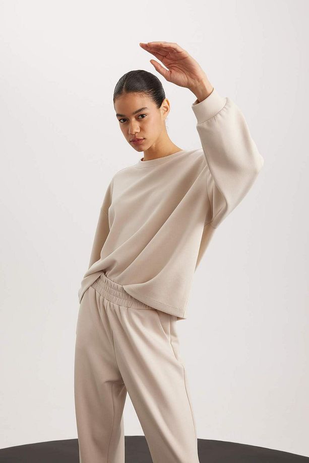 DeFactoFit Oversize Geniş Kalıp Bisiklet Yaka Basic Düz Skuba Dalgıç Kumaş Sporcu Sweatshirt B4668AX - 3