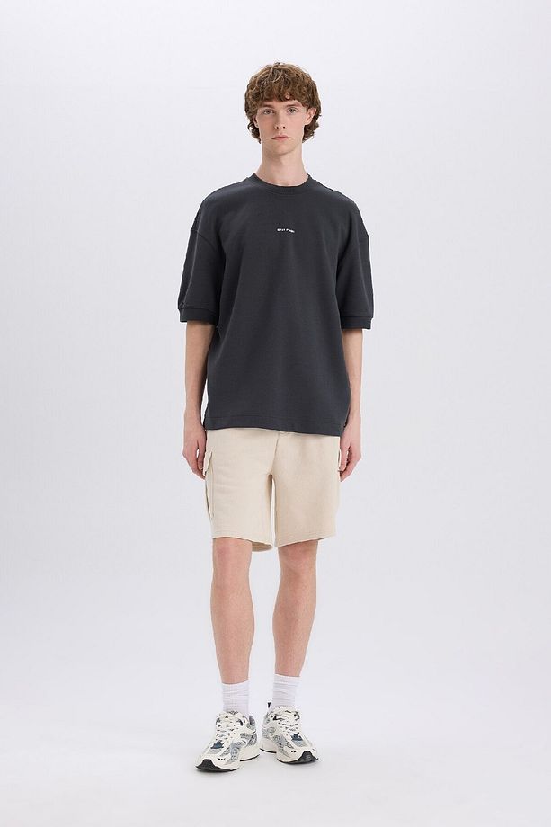 Loose Fit Bisiklet Yaka Baskılı Kısa Kollu Ağır Kumaş Tişört C0896AX24SP - 2