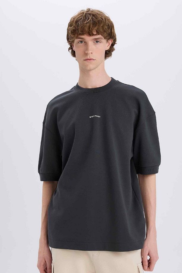 Loose Fit Bisiklet Yaka Baskılı Kısa Kollu Ağır Kumaş Tişört C0896AX24SP - 1