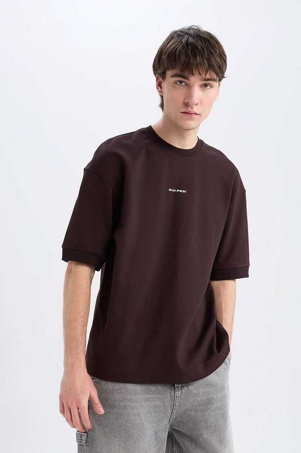 Loose Fit Bisiklet Yaka Baskılı Kısa Kollu Ağır Kumaş Tişört C0896AX24SP - 4