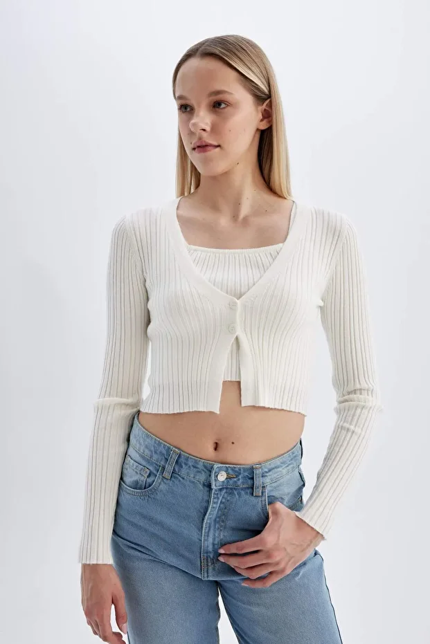 Coool Regular Fit Crop Düğmeli V Yaka Triko Hırka A2076AX24SP - 4