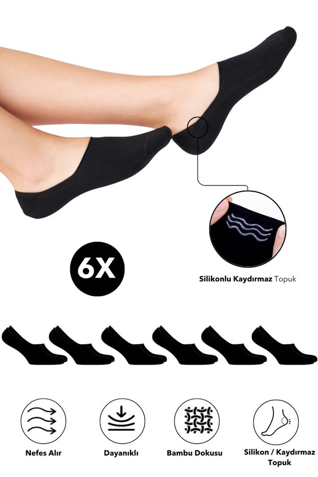 Bamboo Women's Ballerina Black Socks Seamless Invisible Anti-Slip Heel Silicone Premium Pack of 6 Black
