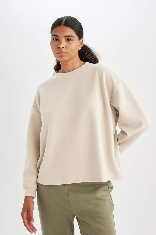 DeFactoFit Oversize Geniş Kalıp Bisiklet Yaka Basic Düz Skuba Dalgıç Kumaş Sporcu Sweatshirt B4668AX - 6