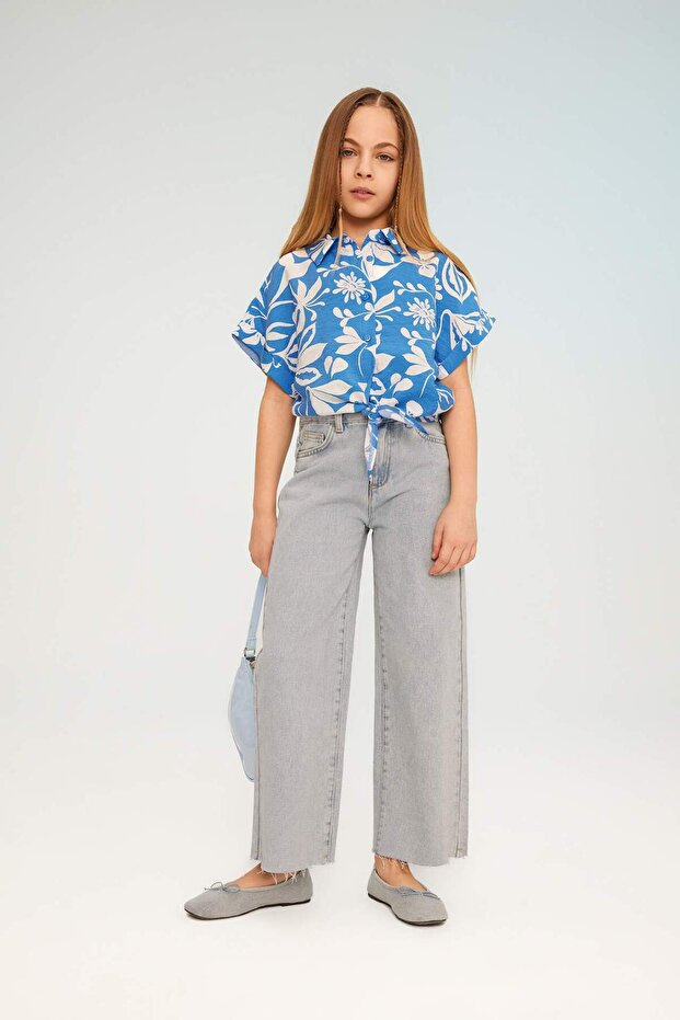 Kız Çocuk Crop Kısa Kollu Desenli Gömlek B5064A824SM - 2