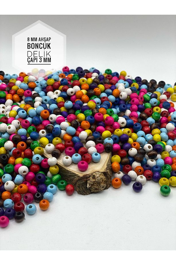 8 Mm Karışık Renkli Ahşap Boncuk (50 GRAM 224 ADET) Geniş Delik Çapı 3 Mm Yuvarlak Makrome Tahta - 1