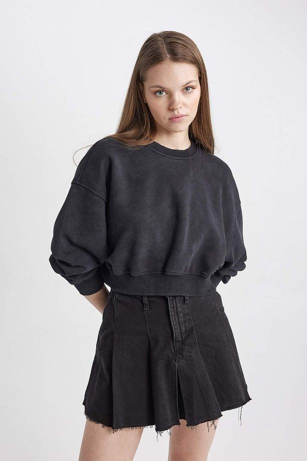 Coool Crop Kalın Kumaş Yıkamalı Soluk Efektli Basic Düz Sweatshirt C2119AX24SP - 4