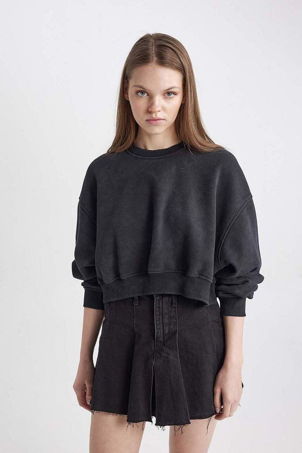 Coool Crop Kalın Kumaş Yıkamalı Soluk Efektli Basic Düz Sweatshirt C2119AX24SP - 3