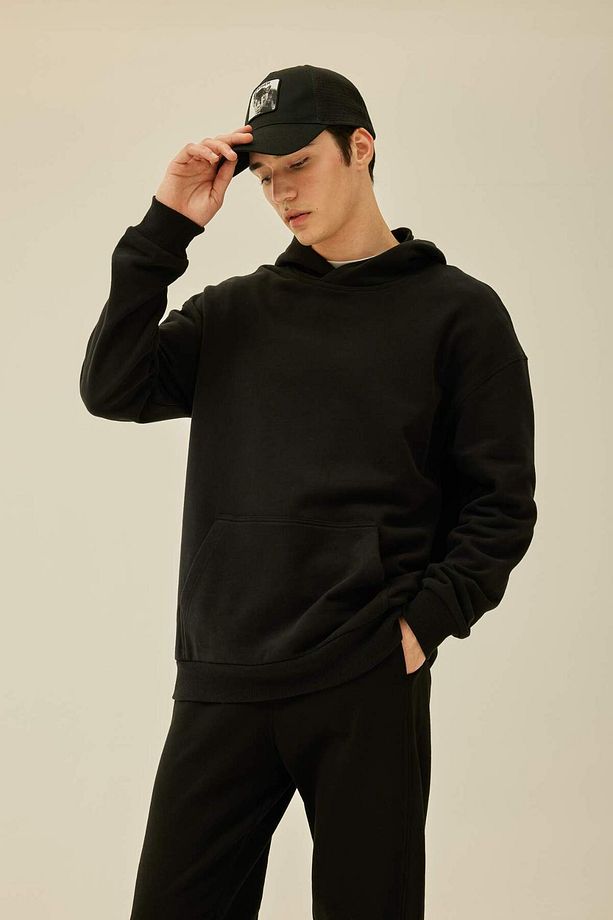 %100 Pamuk Comfort Regular Fit Rahat Kalıp Kapüşonlu Kanguru Cepli Basic Düz Sweatshirt B4446AX24SP - 3
