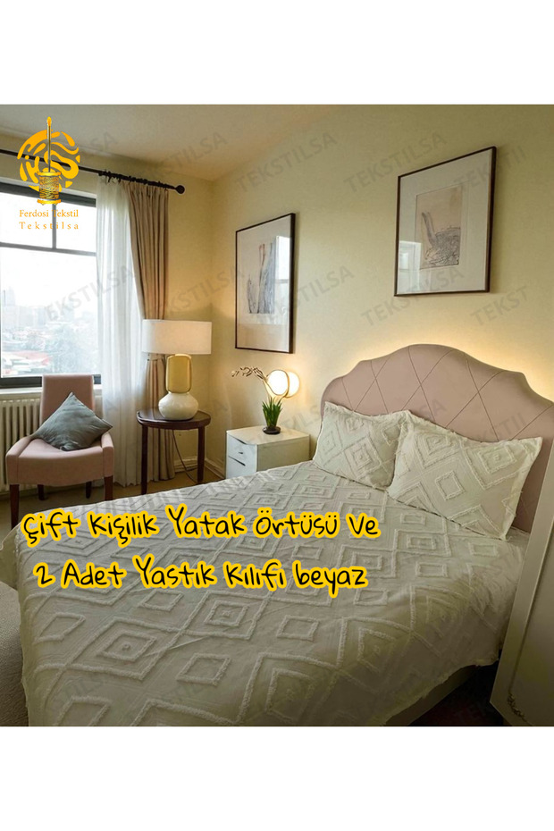 Iskandinav Çift Kişilik Yatak Örtüsü 240 X 250 Cm Ve 2 Adet Yastık Ekru - 9