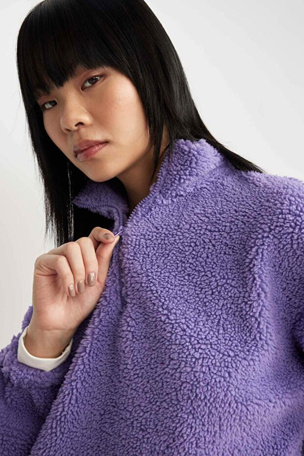 Coool Oversize Fermuarlı Dik Yaka Basic Düz Pelüş Sweatshirt B9836AX23WN - 7